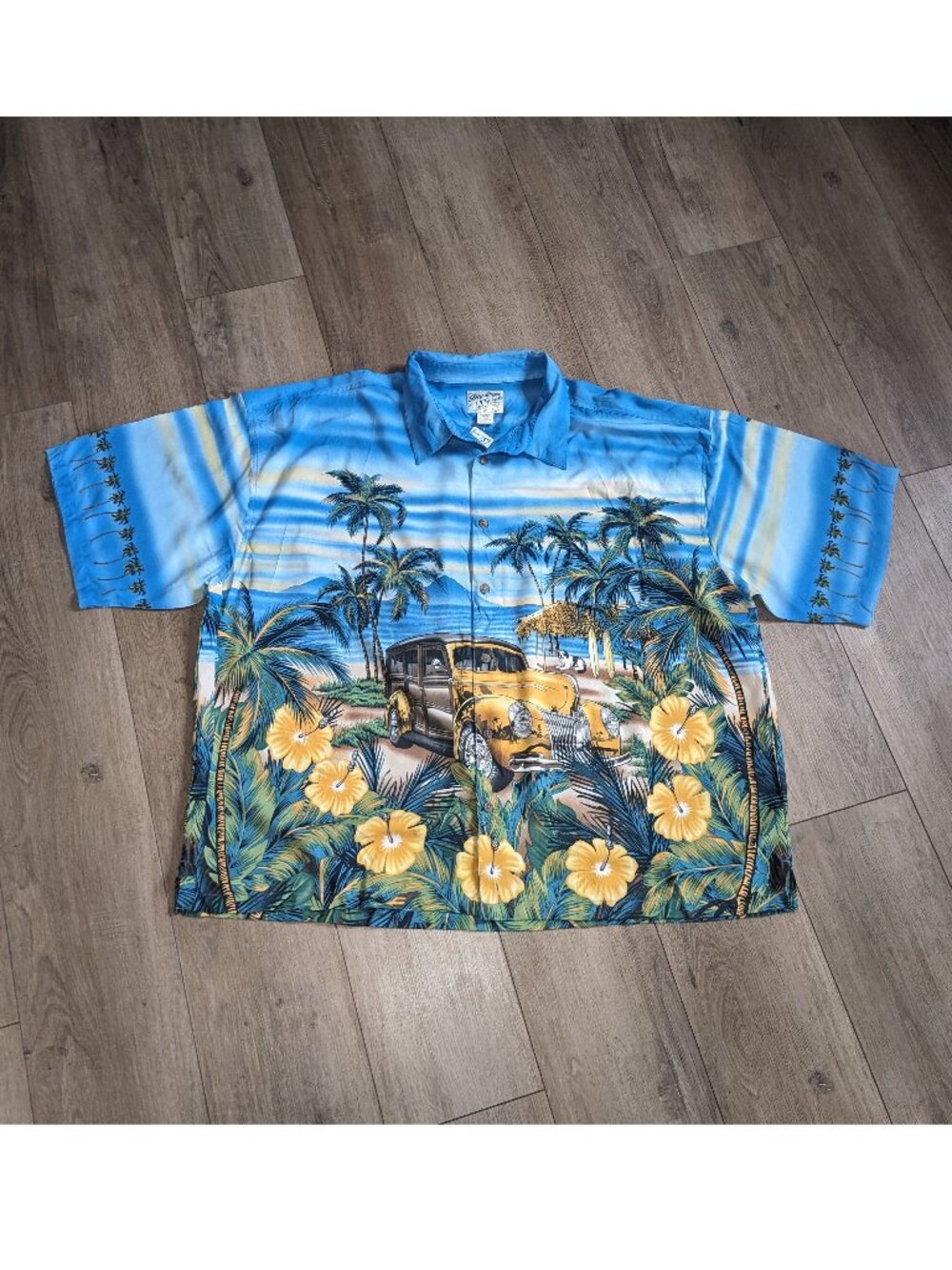 Big Dogs Men's 4XL Hawaiian Shirt Rayon Vintage Car Floral Beach Palms